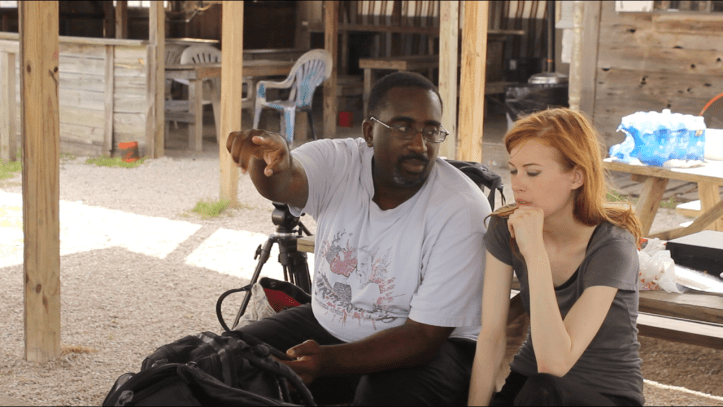 Director Michael S Moore and Lindsey Lemke going over the next scene.